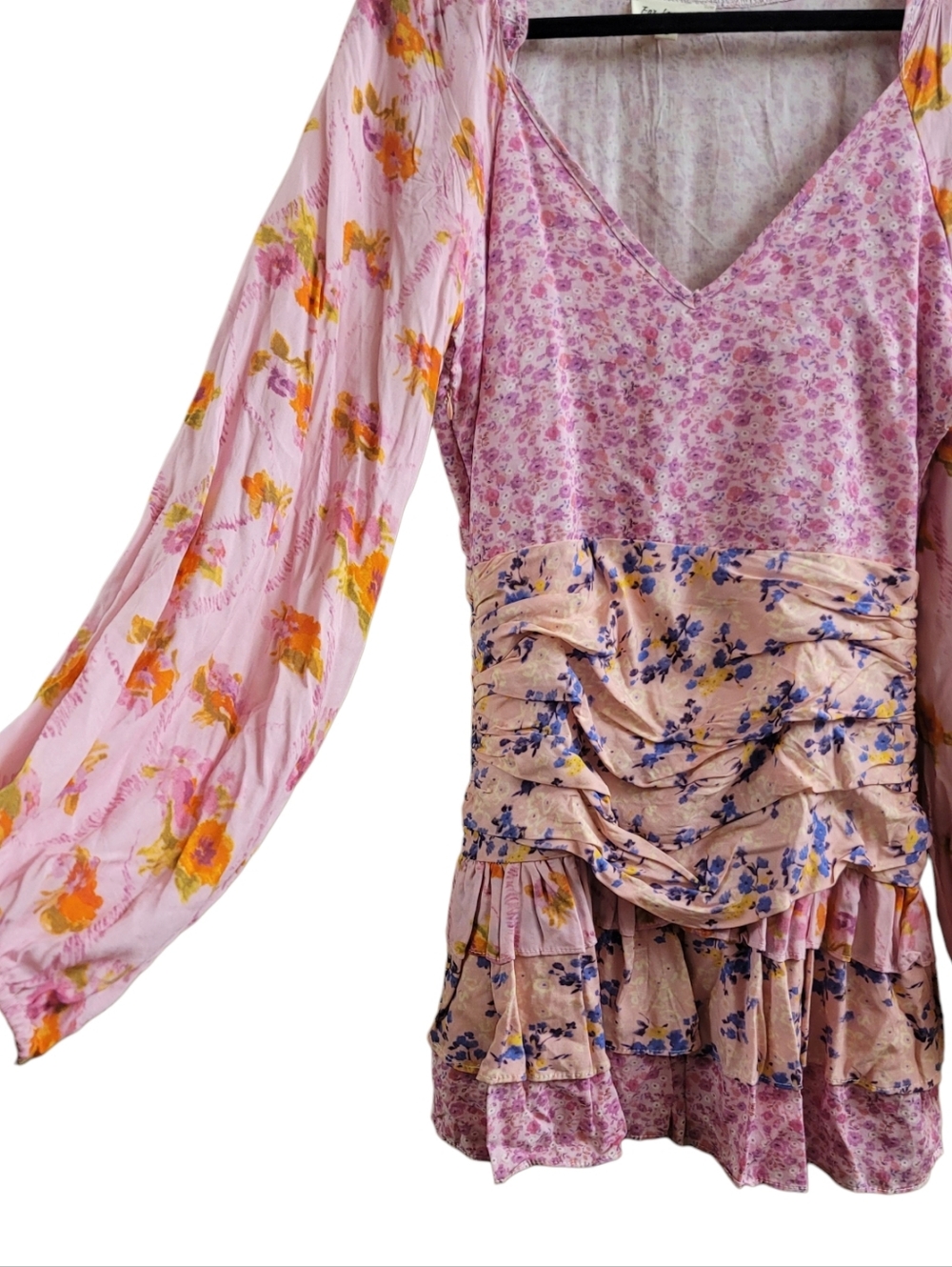 For Love Bell Pink Floral Tiered Mini Dress with Puff Sleeves - Women's Small - Picture 7 of 11